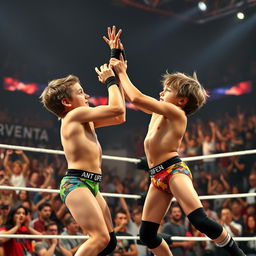 A dynamic and energetic scene depicting two small teen boys wrestling energetically in colorful brief underwears, showcasing their athleticism and determination as they compete to become the WWE Intercontinental Champion