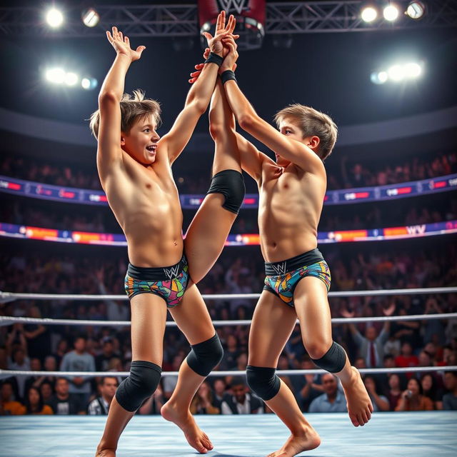 A dynamic and energetic scene depicting two small teen boys wrestling energetically in colorful brief underwears, showcasing their athleticism and determination as they compete to become the WWE Intercontinental Champion