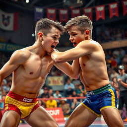 A dynamic and action-packed scene featuring two teenage boys engaged in an exciting wrestling match, showcasing their athleticism and determination