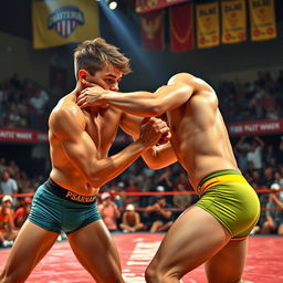A dynamic and action-packed scene featuring two teenage boys engaged in an exciting wrestling match, showcasing their athleticism and determination
