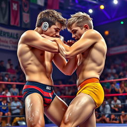 A dynamic and action-packed scene featuring two teenage boys engaged in an exciting wrestling match, showcasing their athleticism and determination