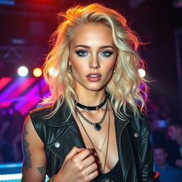A 20-year-old white American girl with an attractive face and a unique look, embodying the essence of a popular pop singer in the darkwave genre