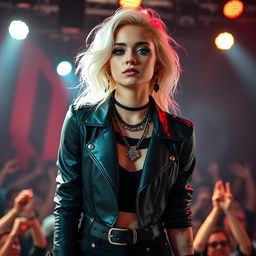 A 20-year-old white American girl with an attractive face and a unique look, embodying the essence of a popular pop singer in the darkwave genre