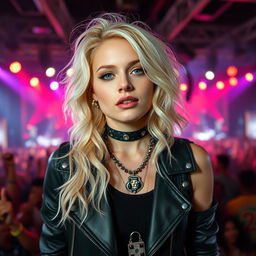 A 20-year-old white American girl with an attractive face and a unique look, embodying the essence of a popular pop singer in the darkwave genre