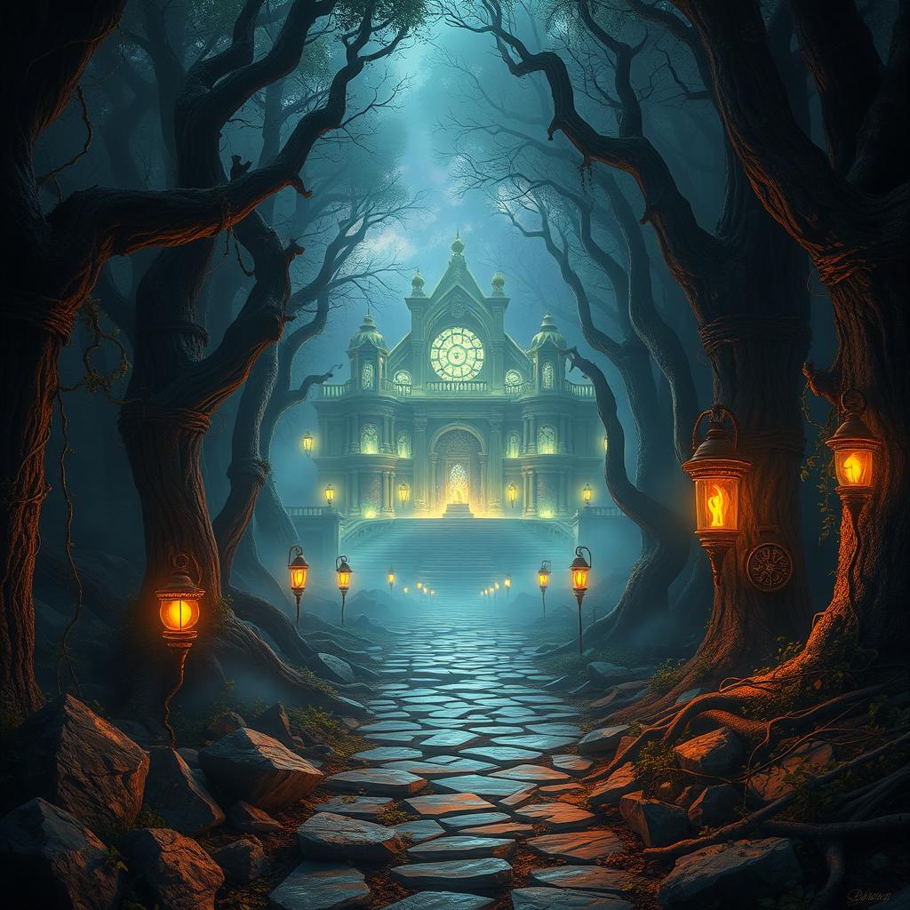 A mystical, magical palace hidden deep within a dense, ancient forest, glowing faintly with an ethereal light