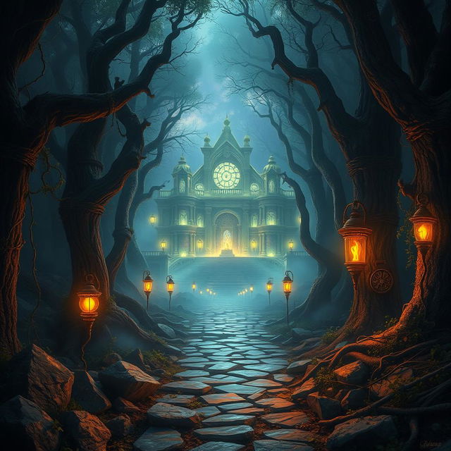 A mystical, magical palace hidden deep within a dense, ancient forest, glowing faintly with an ethereal light