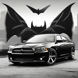 A high-quality digital art image depicting a 2014 Dodge Charger, modified to resemble the iconic Batmobile