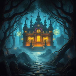 A mystical, magical palace hidden deep within a dense, ancient forest, glowing faintly with an ethereal light