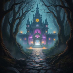 A mystical, magical palace hidden deep within a dense, ancient forest, glowing faintly with an ethereal light