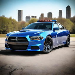 A high-quality digital art showcasing a 2014 Michigan State Police Blue Dodge Charger, reimagined as a Batmobile