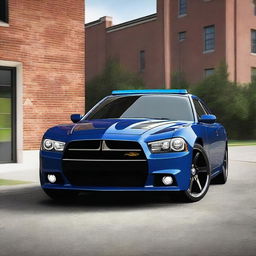 A high-quality digital art showcasing a 2014 Michigan State Police Blue Dodge Charger, reimagined as a Batmobile