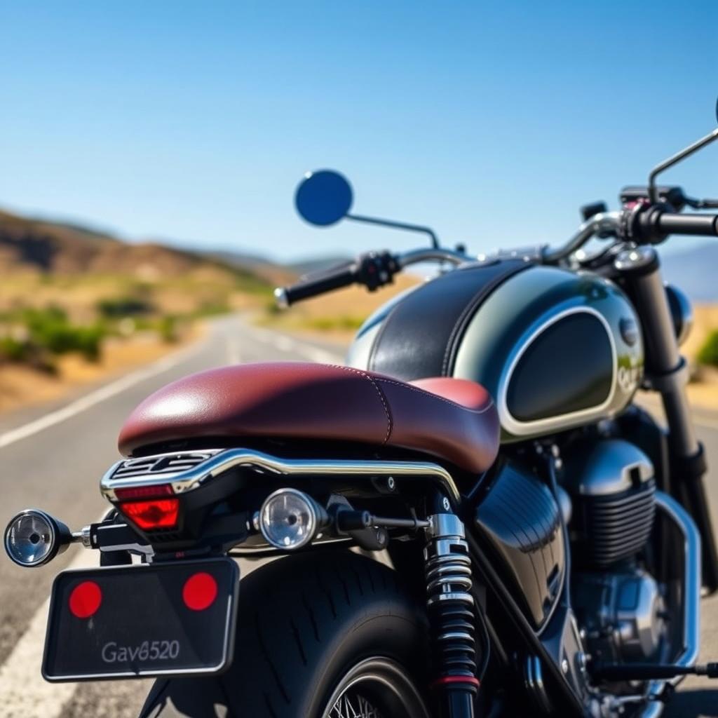 A stunning GT 650 motorbike parked stylishly, showcasing its sleek design and chrome accents, with the robust back seat specifically designed for the Jawa 42 Bobber model