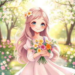 A charming illustration of a sweet girl in love, with bright, sparkling eyes and a warm, radiant smile