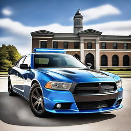 A high-quality digital art showcasing a 2014 Michigan State Police Blue Dodge Charger, reimagined as a Batmobile