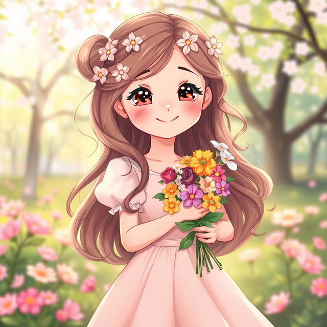 A charming illustration of a sweet girl in love, with bright, sparkling eyes and a warm, radiant smile