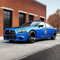 A high-quality digital art showcasing a 2014 Michigan State Police Blue Dodge Charger, reimagined as a Batmobile