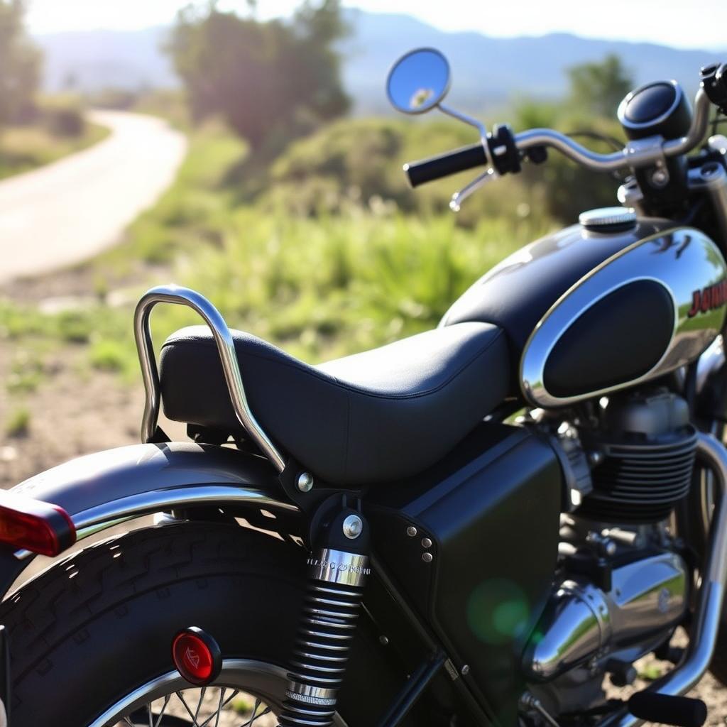 A vintage Jawa 42 Bobber motorcycle with its iconic design, featuring a GT 650 back seat installed