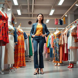 A versatile model posing confidently in a dynamic fashion studio, showcasing a variety of stylish garments and accessories