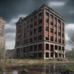 A highest-quality digital art, depicting the city of Lansing, Michigan transformed into a post-apocalyptic landscape