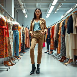 A versatile model posing confidently in a dynamic fashion studio, showcasing a variety of stylish garments and accessories