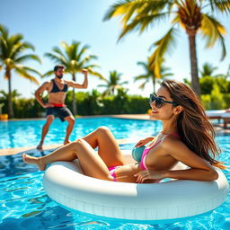 A stunning scene of a beautiful woman resembling Kriti Sanon, enjoying a sunny day by a luxurious pool
