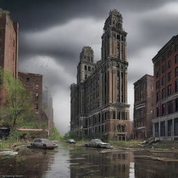 A highest-quality digital art, depicting the city of Lansing, Michigan transformed into a post-apocalyptic landscape