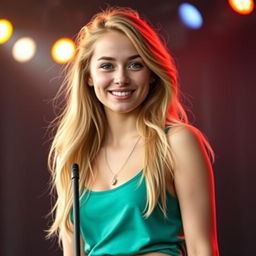 A 20-year-old attractive white American female pop singer, without much makeup, looking vibrant and youthful