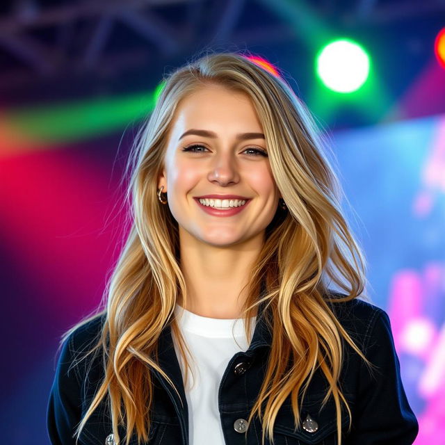 A 20-year-old attractive white American female pop singer, without much makeup, looking vibrant and youthful