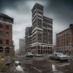 A highest-quality digital art, depicting the city of Lansing, Michigan transformed into a post-apocalyptic landscape