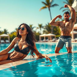 A glamorous scene featuring a stunning woman resembling a Bollywood actress, lounging by a luxurious pool on a sunny day