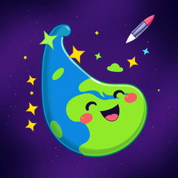 A whimsical illustration of the Earth in a playful, exaggerated shape resembling a penis, featuring vibrant colors of blues and greens to represent oceans and landmasses
