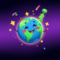 A whimsical illustration of the Earth in a playful, exaggerated shape resembling a penis, featuring vibrant colors of blues and greens to represent oceans and landmasses