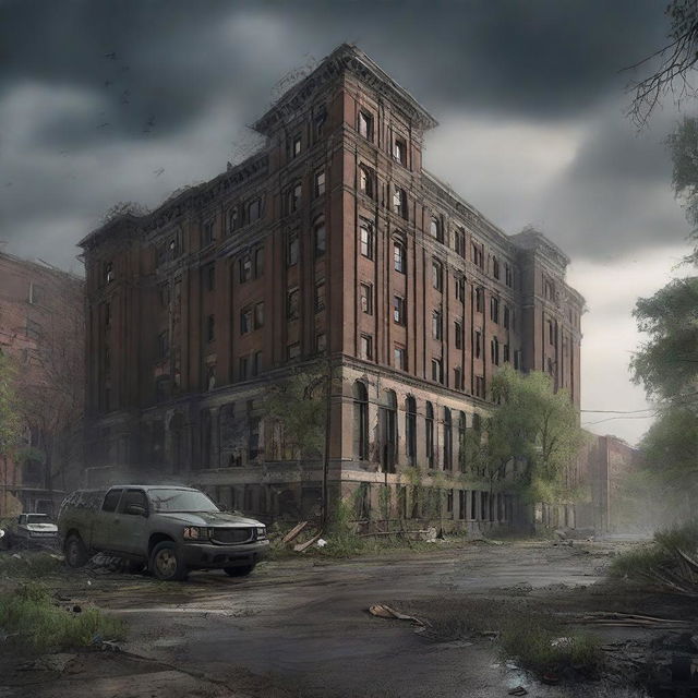 A highest-quality digital art, depicting the city of Lansing, Michigan transformed into a post-apocalyptic landscape