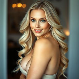 A stunning, sexy blonde woman with large breasts, showcasing her full body in an elegant pose