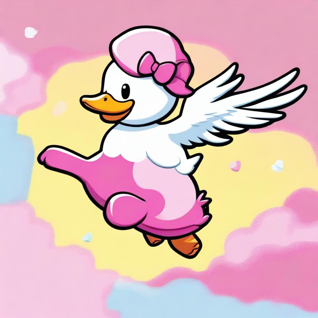 A high-quality digital art image of a large flying duck carrying Hello Kitty on its back