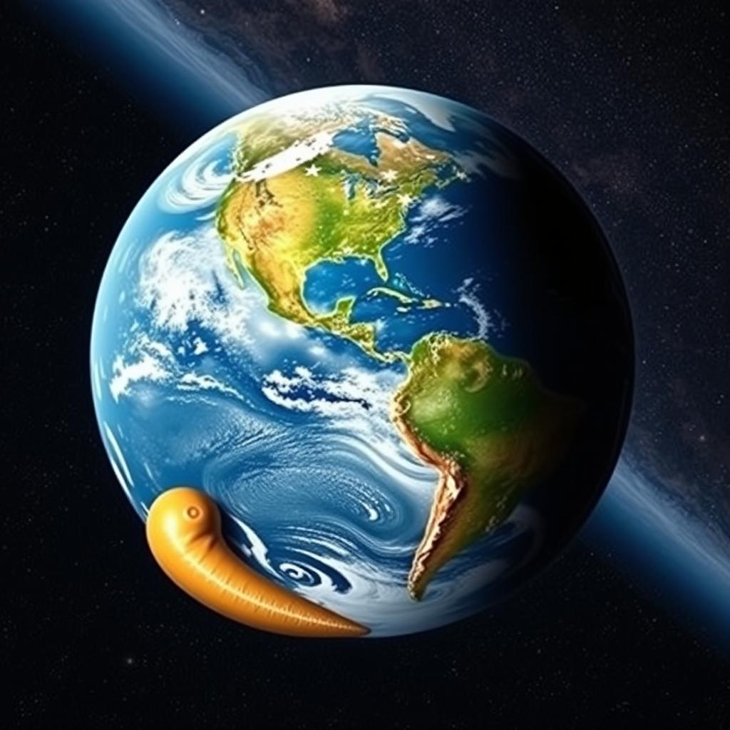 An imaginative depiction of Earth as a large planet shaped like a male human penis, viewed from space