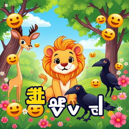 A vibrant cartoon scene featuring a lion as the main character, surrounded by deer and a crow
