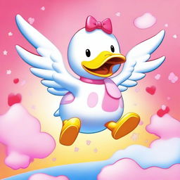 A high-quality digital art image of a large flying duck carrying Hello Kitty on its back