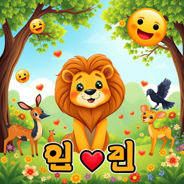 A vibrant cartoon scene featuring a lion as the main character, surrounded by deer and a crow