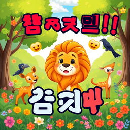 A vibrant cartoon scene featuring a lion as the main character, surrounded by deer and a crow