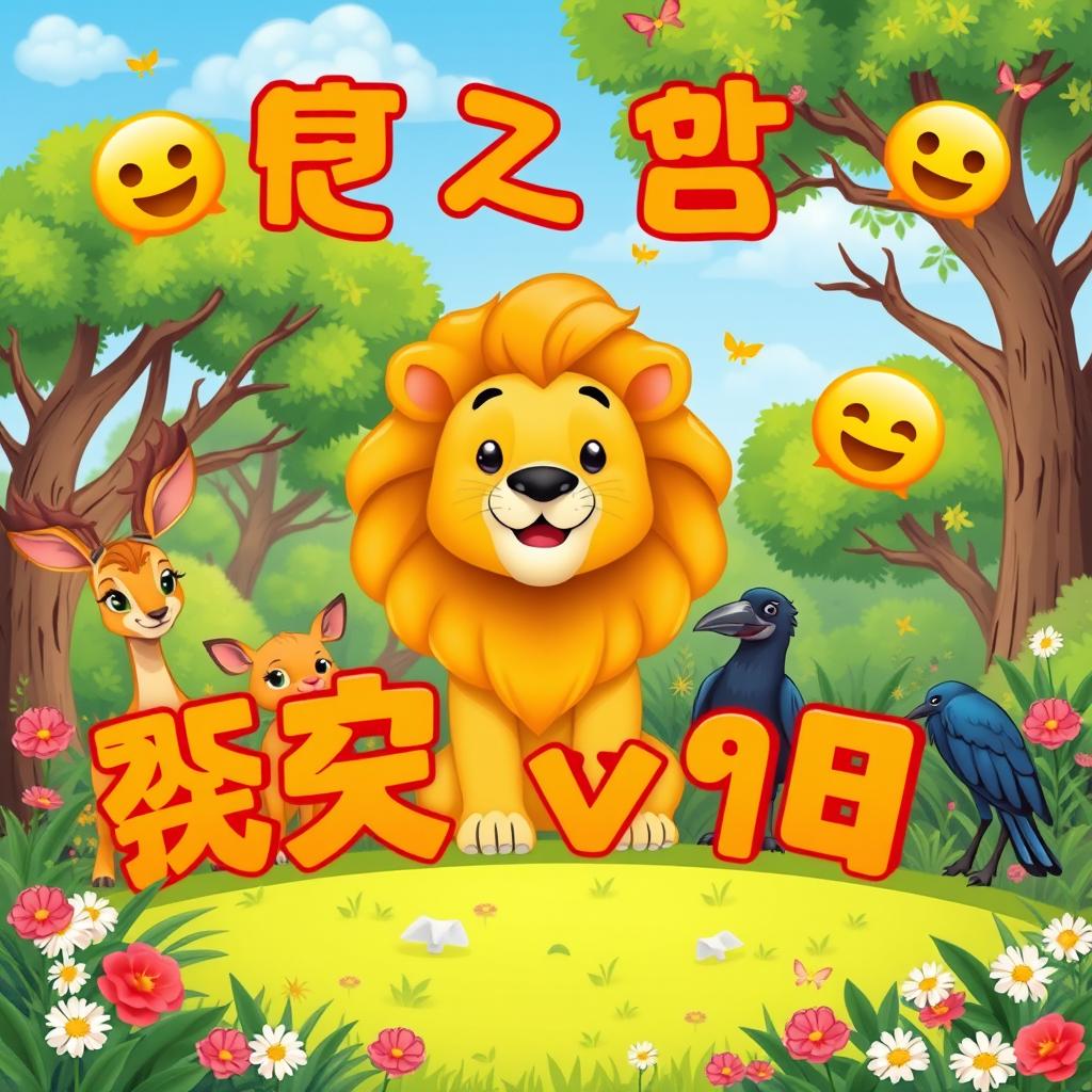 A vibrant cartoon scene featuring a lion as the main character, surrounded by deer and a crow