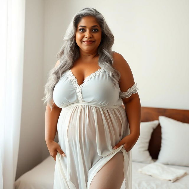 A 55-year-old Indian plus-size woman, exuding confidence and elegance, wearing a transparent white nightgown that drapes beautifully over her curves