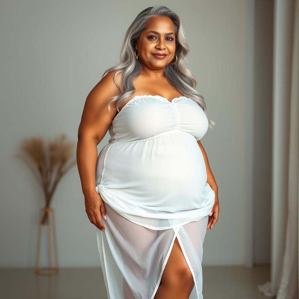 A 55-year-old Indian plus-size woman, exuding confidence and elegance, wearing a transparent white nightgown that drapes beautifully over her curves