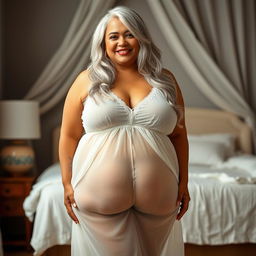 A 55-year-old Indian plus-size woman, exuding confidence and elegance, wearing a transparent white nightgown that drapes beautifully over her curves