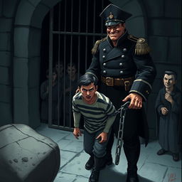 A dark, atmospheric scene depicting a menacing guard in a detailed uniform, standing outside a prison cell with a cruel grin on his face