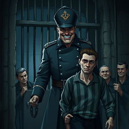 A dark, atmospheric scene depicting a menacing guard in a detailed uniform, standing outside a prison cell with a cruel grin on his face