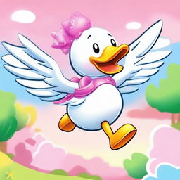 A high-quality digital art image of a large flying duck carrying Hello Kitty on its back