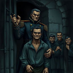 A dark, atmospheric scene depicting a menacing guard in a detailed uniform, standing outside a prison cell with a cruel grin on his face