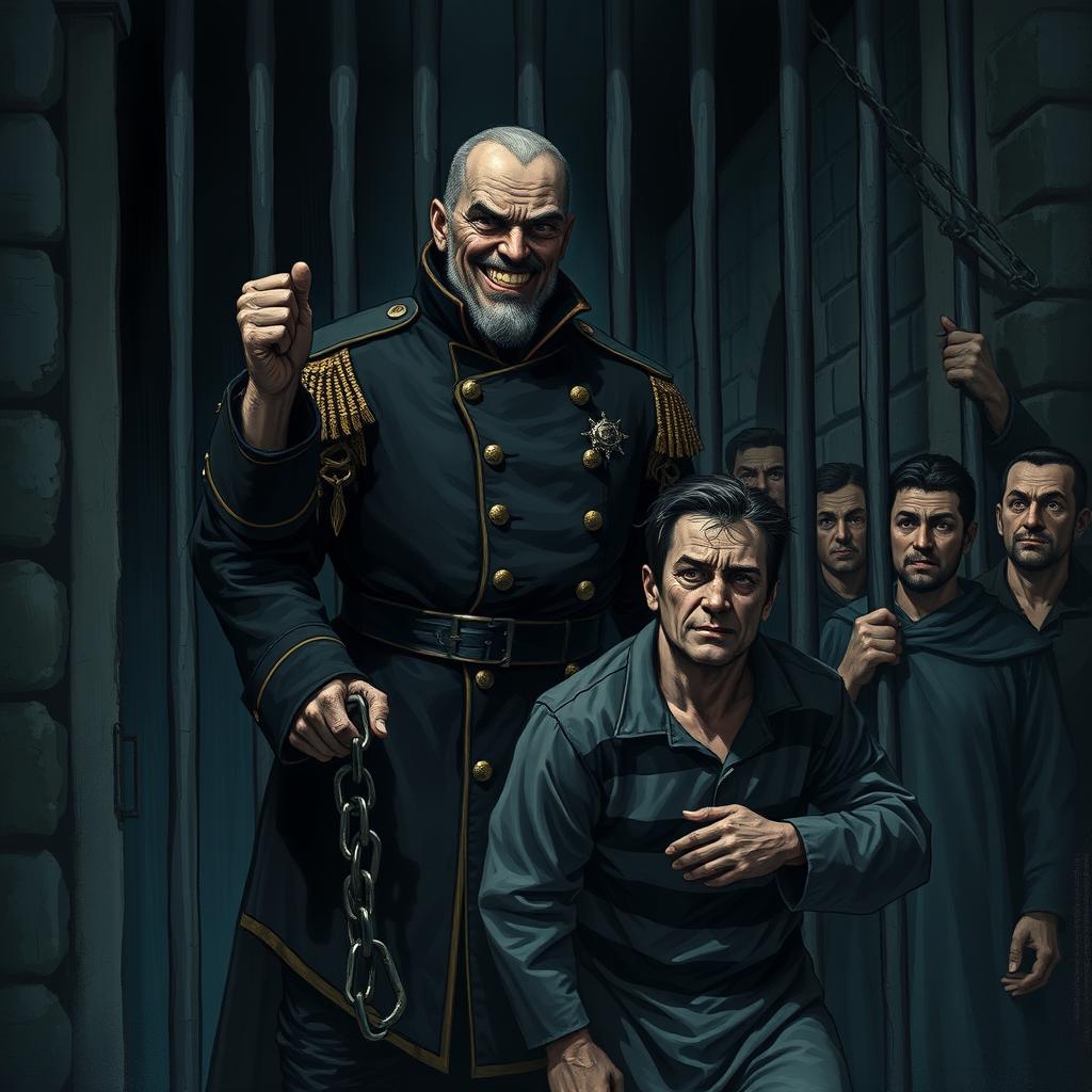 A dark, atmospheric scene depicting a menacing guard in a detailed uniform, standing outside a prison cell with a cruel grin on his face