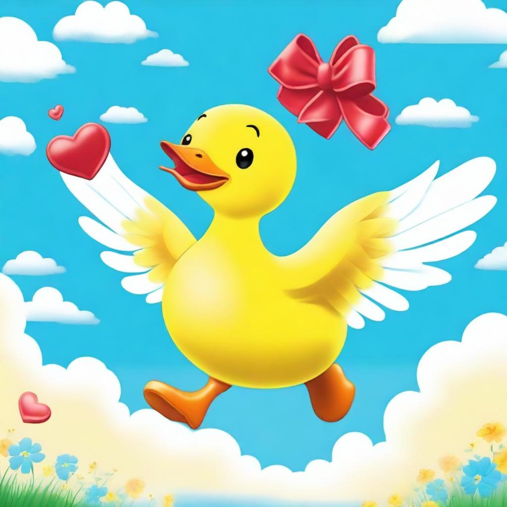 A high-quality digital art image showcasing a whimsical scene of a large, vibrant yellow duck in flight, carrying the beloved Hello Kitty on its back